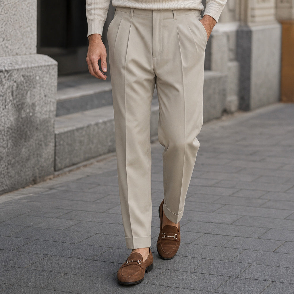 Pleated Trouser Cuffed Hem Khaki – Styled Editorial Shot