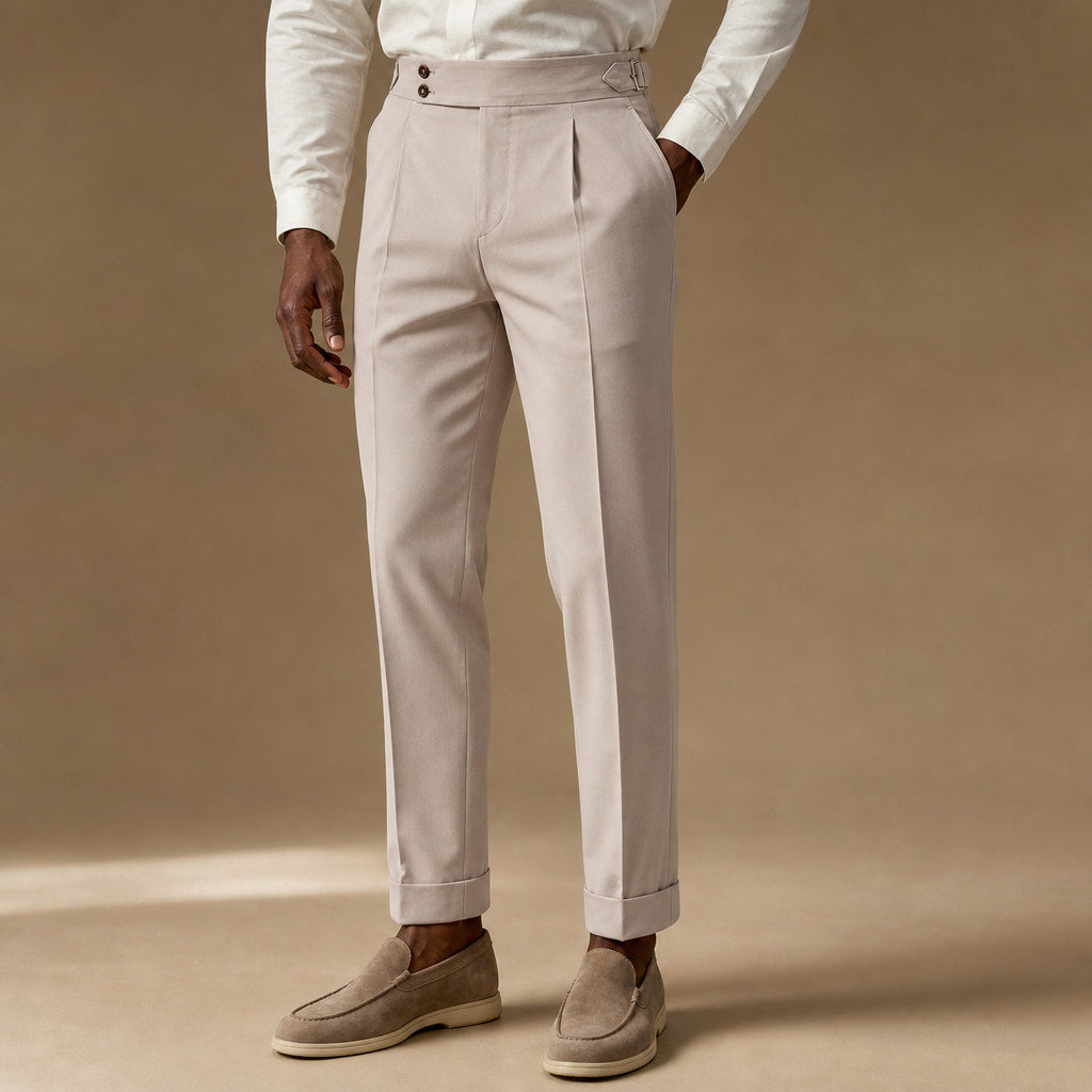 Dress Pants Pleated Front Slim Fit Beige – Side Angle View