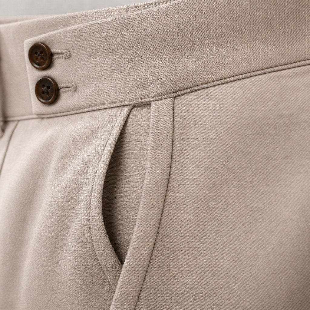 Dress Pants Pleated Front Slim Fit Beige – Fabric and Detail Close-Up