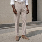 Dress Pants Pleated Front Slim Fit Beige – Styled Editorial Shot