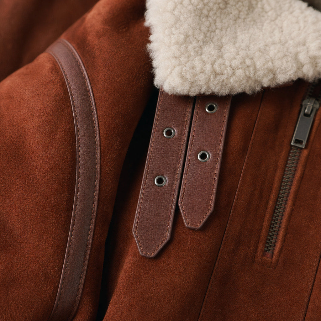 Victorious B-3 Styled Shearling Aviator Suede Leather Jacket For Men Brown – Fabric and Detail Close-Up