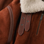 Victorious B-3 Styled Shearling Aviator Suede Leather Jacket For Men Brown – Fabric and Detail Close-Up