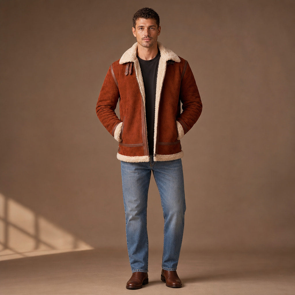 Victorious B-3 Styled Shearling Aviator Suede Leather Jacket For Men Brown – Full Look