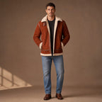 Victorious B-3 Styled Shearling Aviator Suede Leather Jacket For Men Brown – Full Look