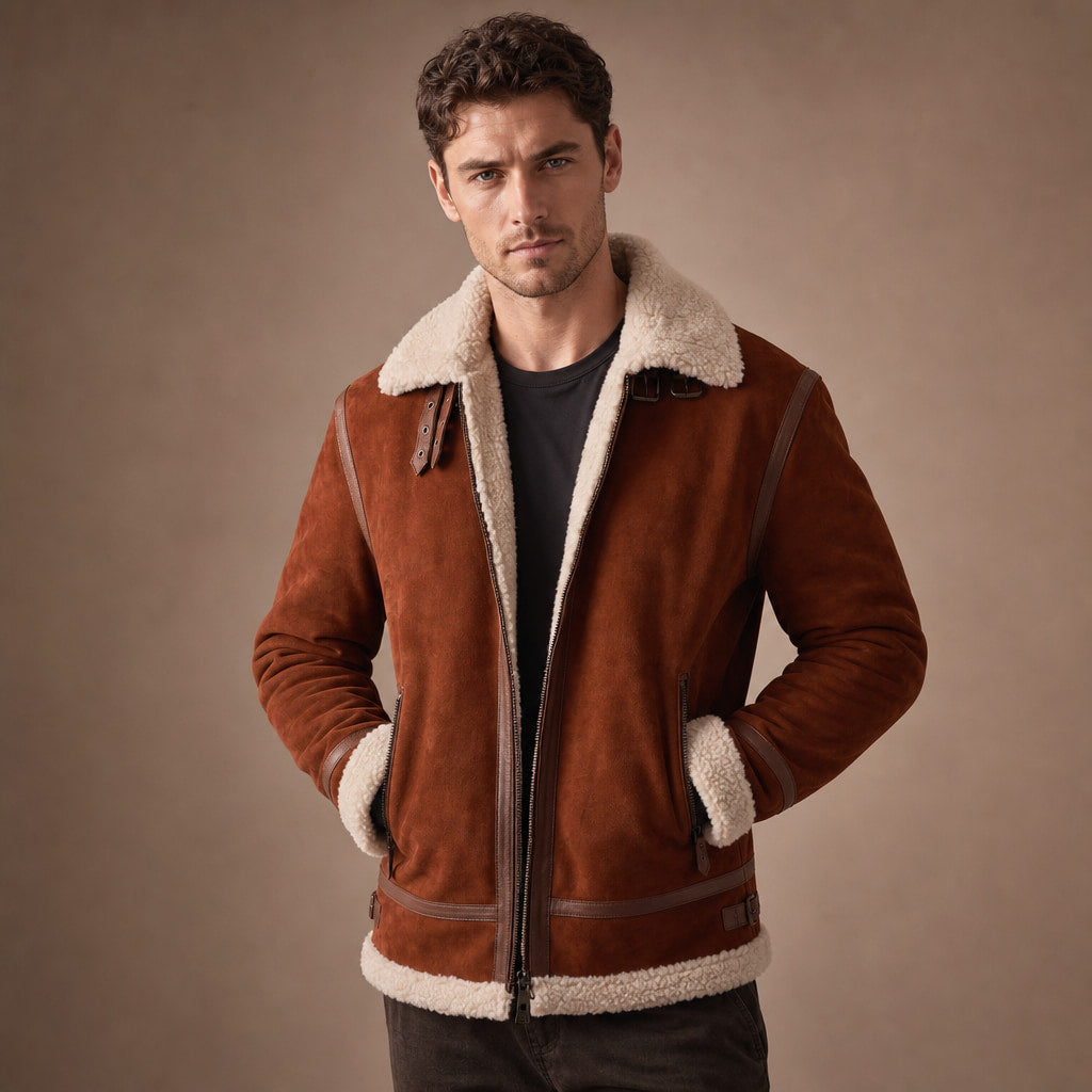 Victorious B-3 Styled Shearling Aviator Suede Leather Jacket For Men Brown – Product Photo