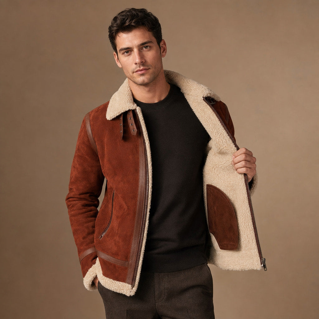Victorious B-3 Styled Shearling Aviator Suede Leather Jacket For Men in Brown – Tarlano Premium Menswear
