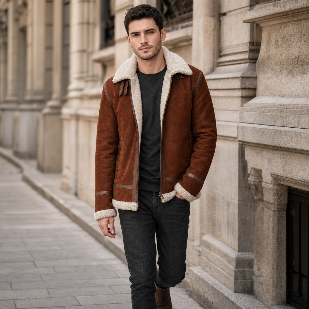Victorious B-3 Styled Shearling Aviator Suede Leather Jacket For Men Brown – Styled Editorial Shot