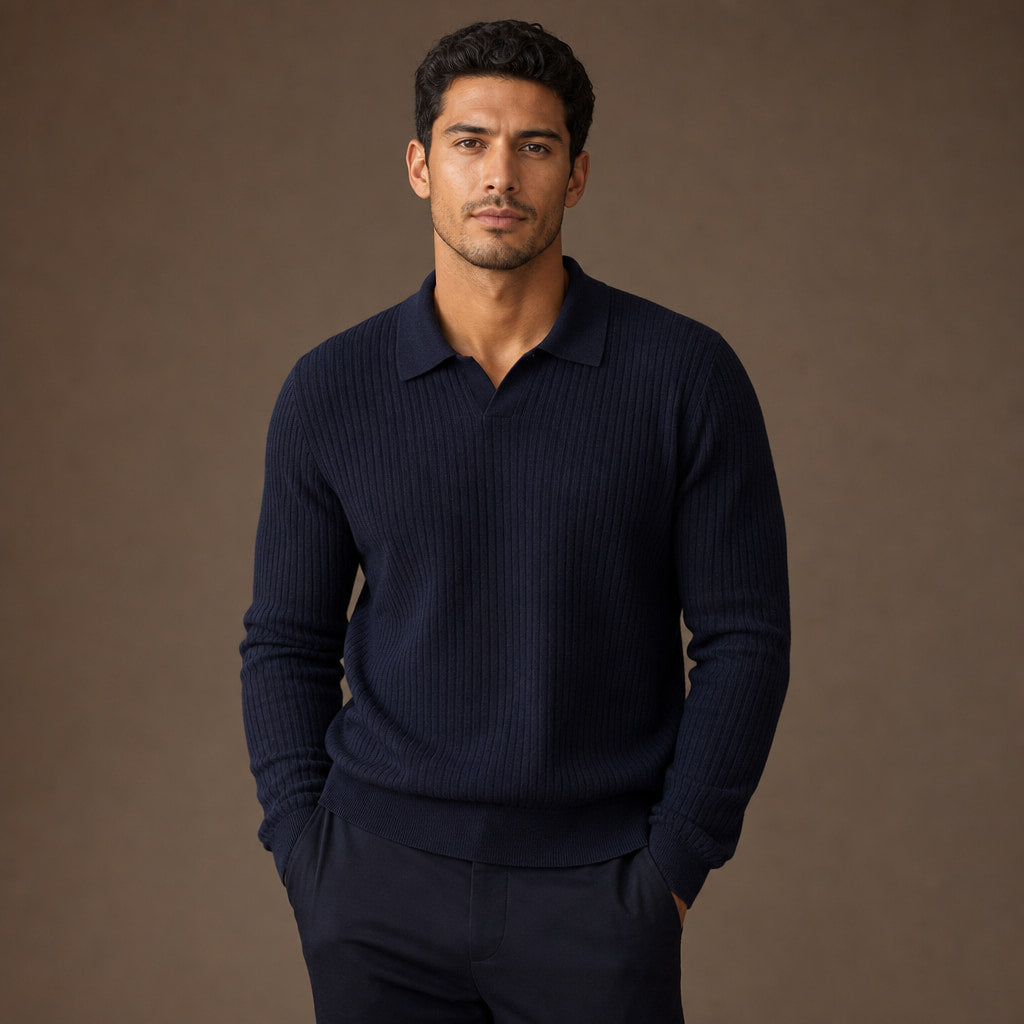 Vieste Wool-Blend Ribbed Polo Deep Navy – Product Photo