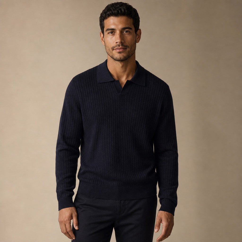 Vieste Wool-Blend Ribbed Polo in Deep Navy – Tarlano Premium Menswear