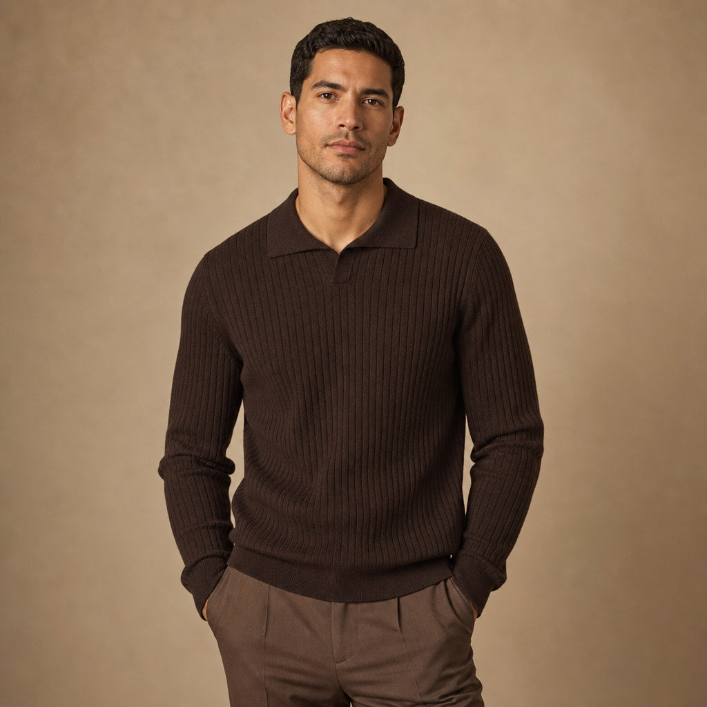 Vieste Wool-Blend Ribbed Polo Espresso – Product Photo