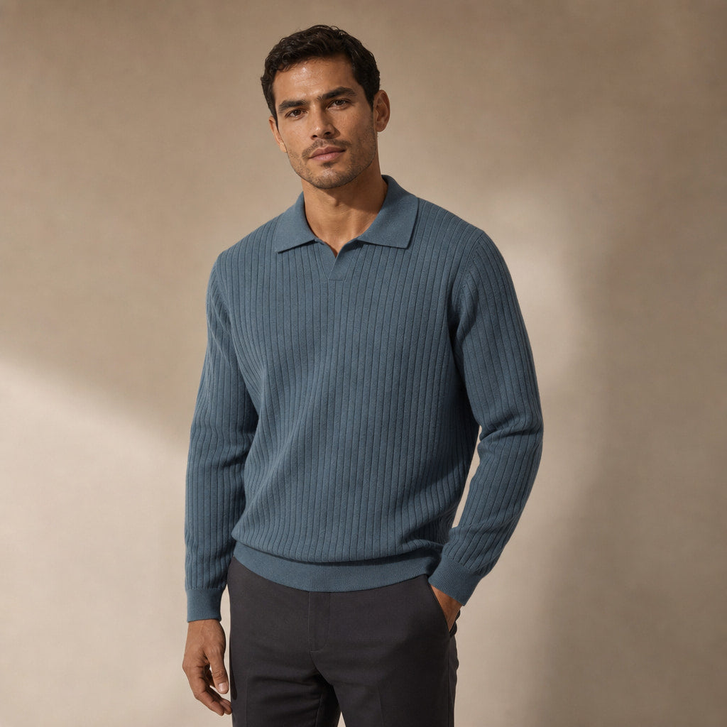 Vieste Wool-Blend Ribbed Polo Glacier Blue – Side Angle View