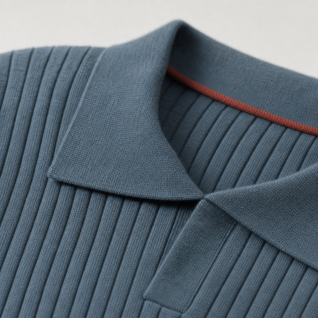 Vieste Wool-Blend Ribbed Polo Glacier Blue – Fabric and Detail Close-Up