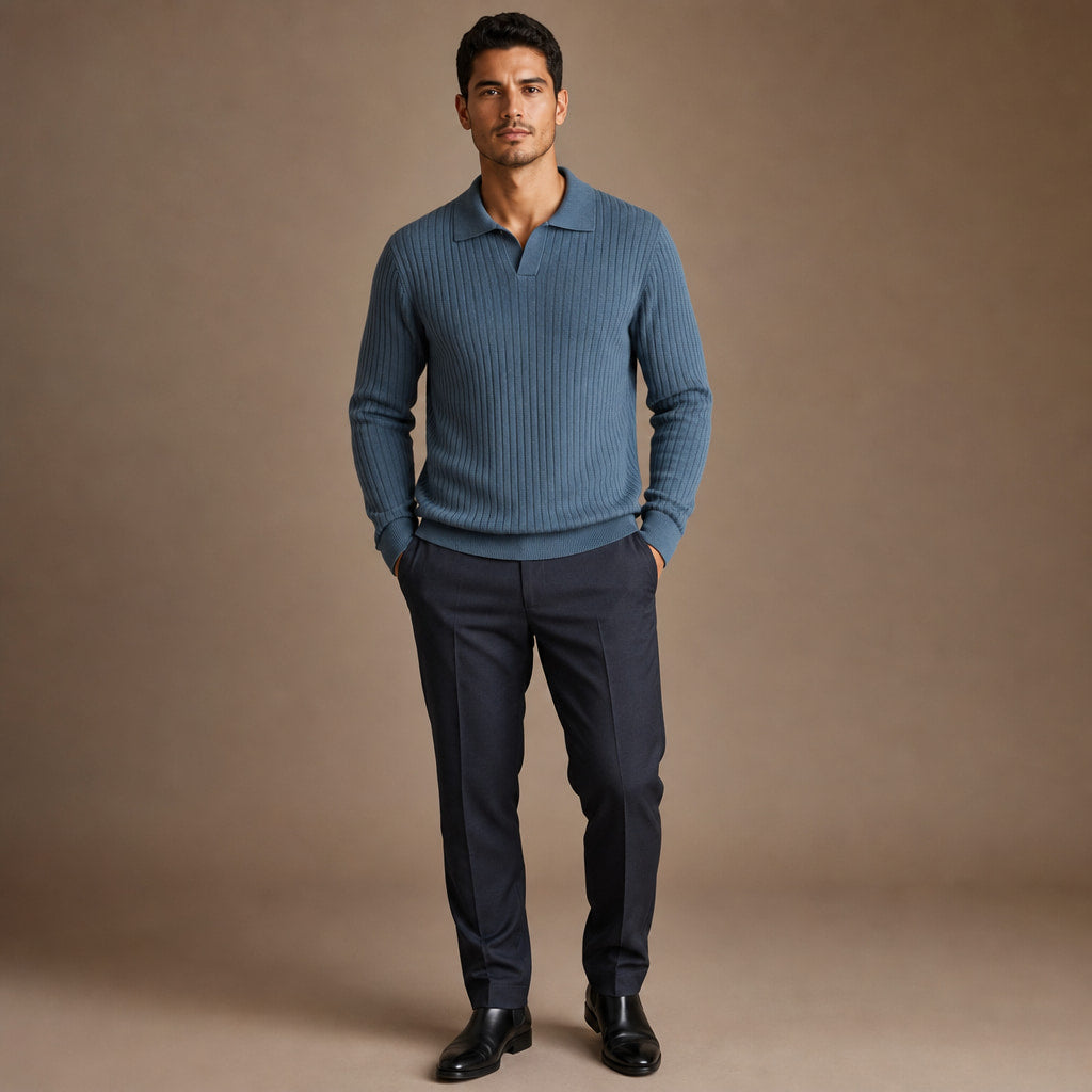 Vieste Wool-Blend Ribbed Polo Glacier Blue – Full Look