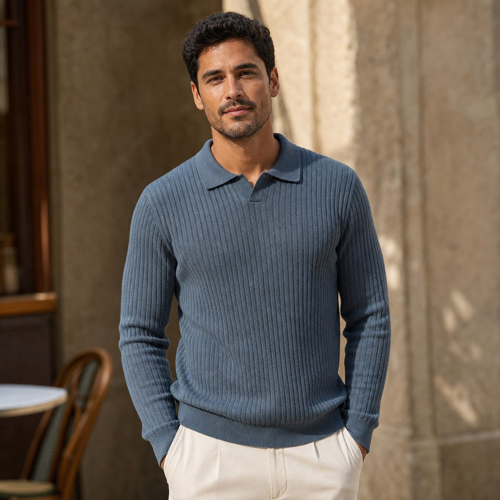 Vieste Wool-Blend Ribbed Polo Glacier Blue – Styled Editorial Shot