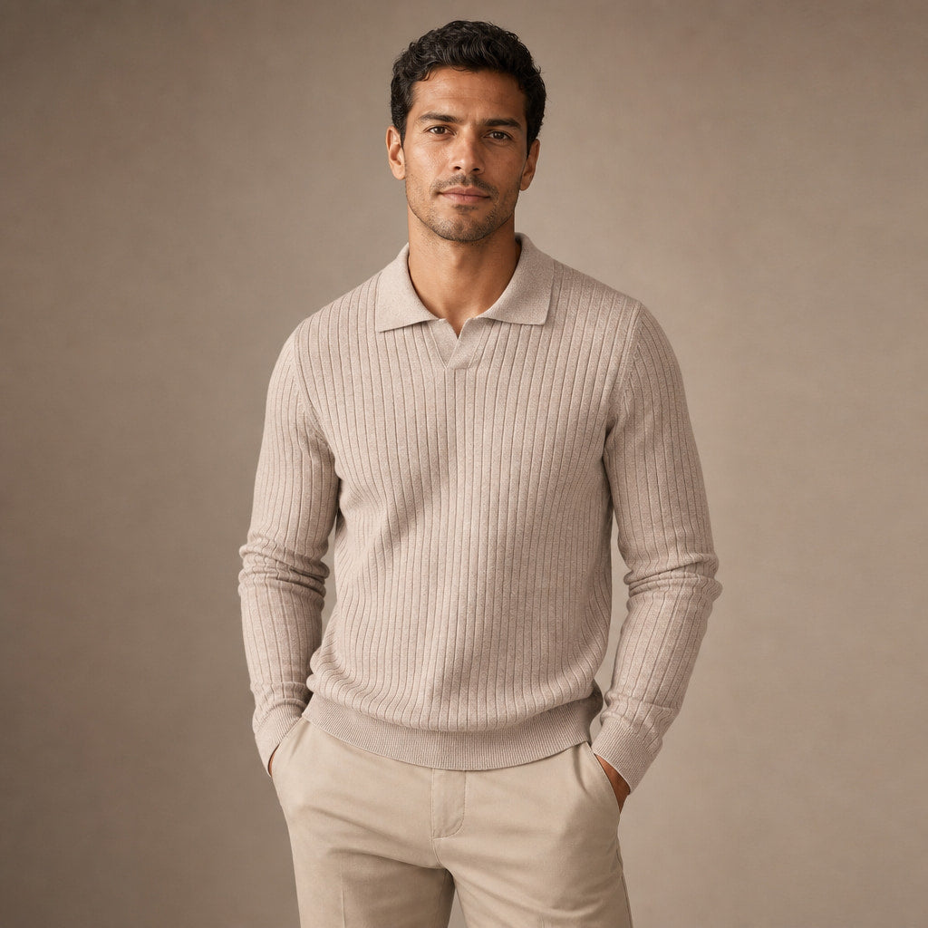 Vieste Wool-Blend Ribbed Polo Oat – Product Photo