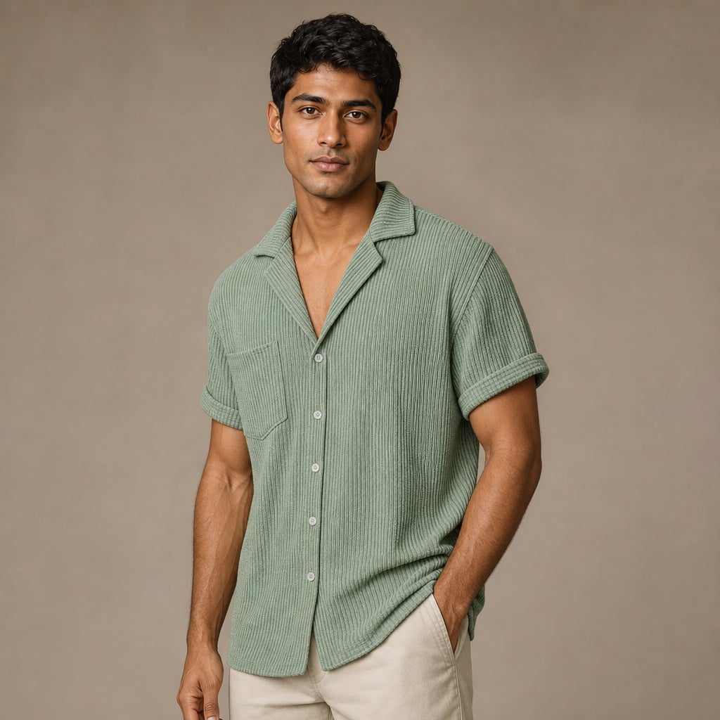 Waffle Knit Button-Down Shirt Shop Sage – Side Angle View