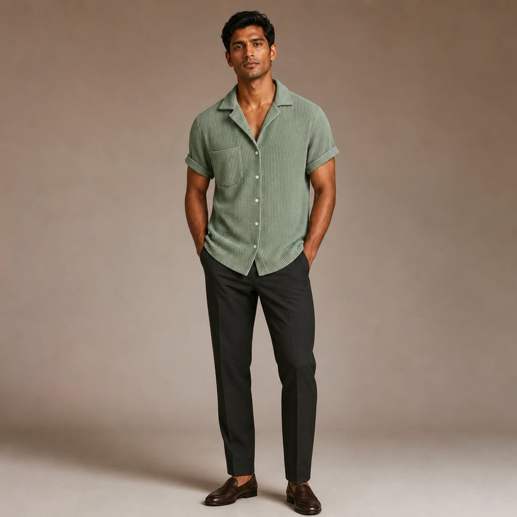 Waffle Knit Button-Down Shirt Shop Sage – Full Look