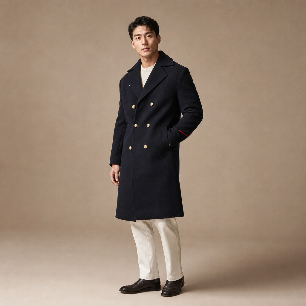 Warhaven Dark blue Double-Breasted Longline Coat For Men Blue – Side Angle View