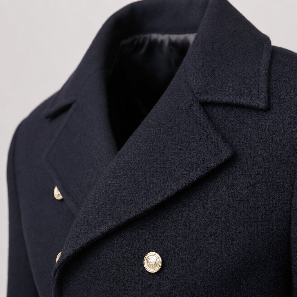 Warhaven Dark blue Double-Breasted Longline Coat For Men Blue – Fabric and Detail Close-Up