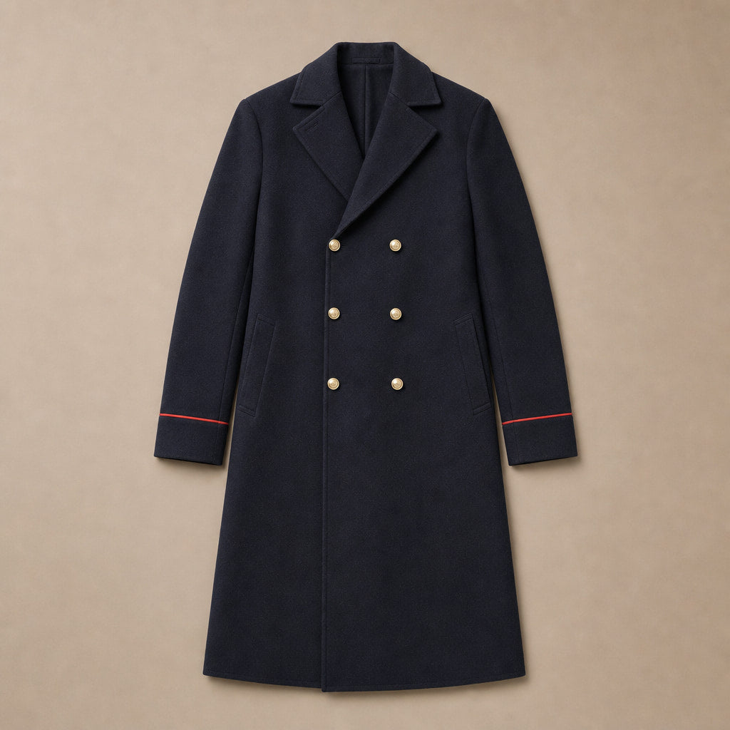 Warhaven Dark blue Double-Breasted Longline Coat For Men Blue – Flat Lay Product Photo