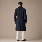 Warhaven Dark blue Double-Breasted Longline Coat For Men Blue – Full Look