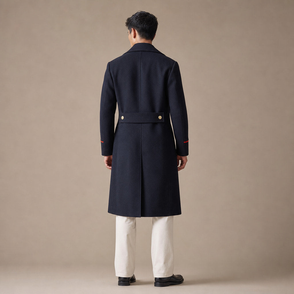 Warhaven Dark blue Double-Breasted Longline Coat For Men Blue – Full Look