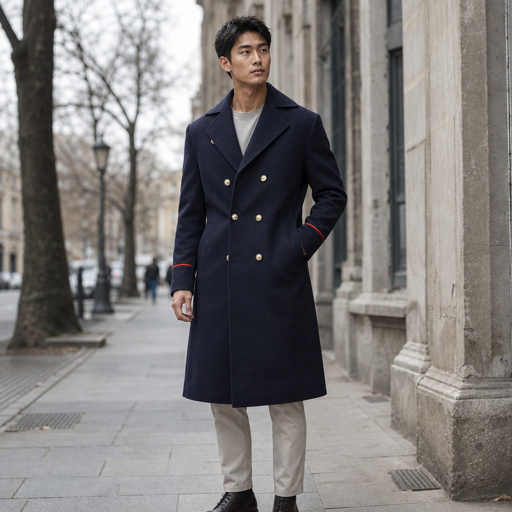 Warhaven Dark blue Double-Breasted Longline Coat For Men Blue – Styled Editorial Shot