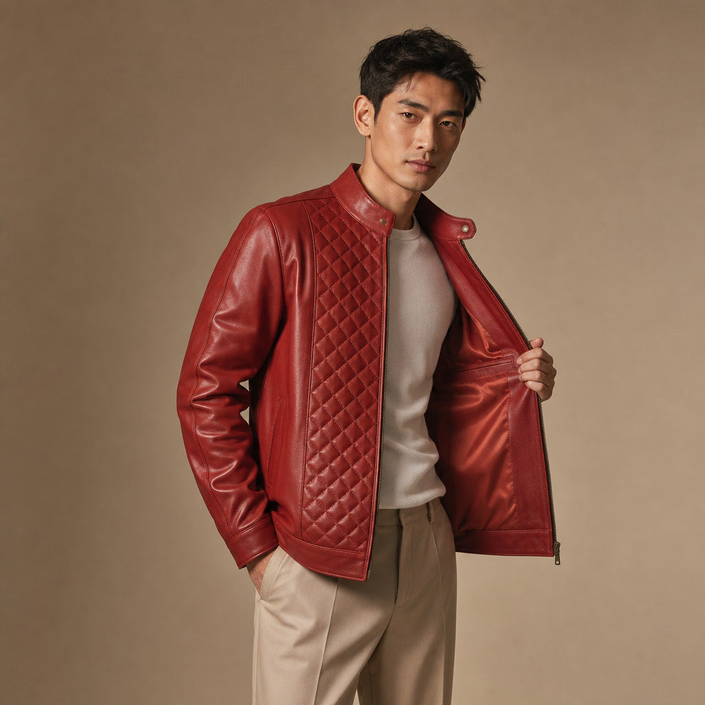 Warlord Deep Scarlet Red Quilted Leather Jacket For Men Red – Side Angle View