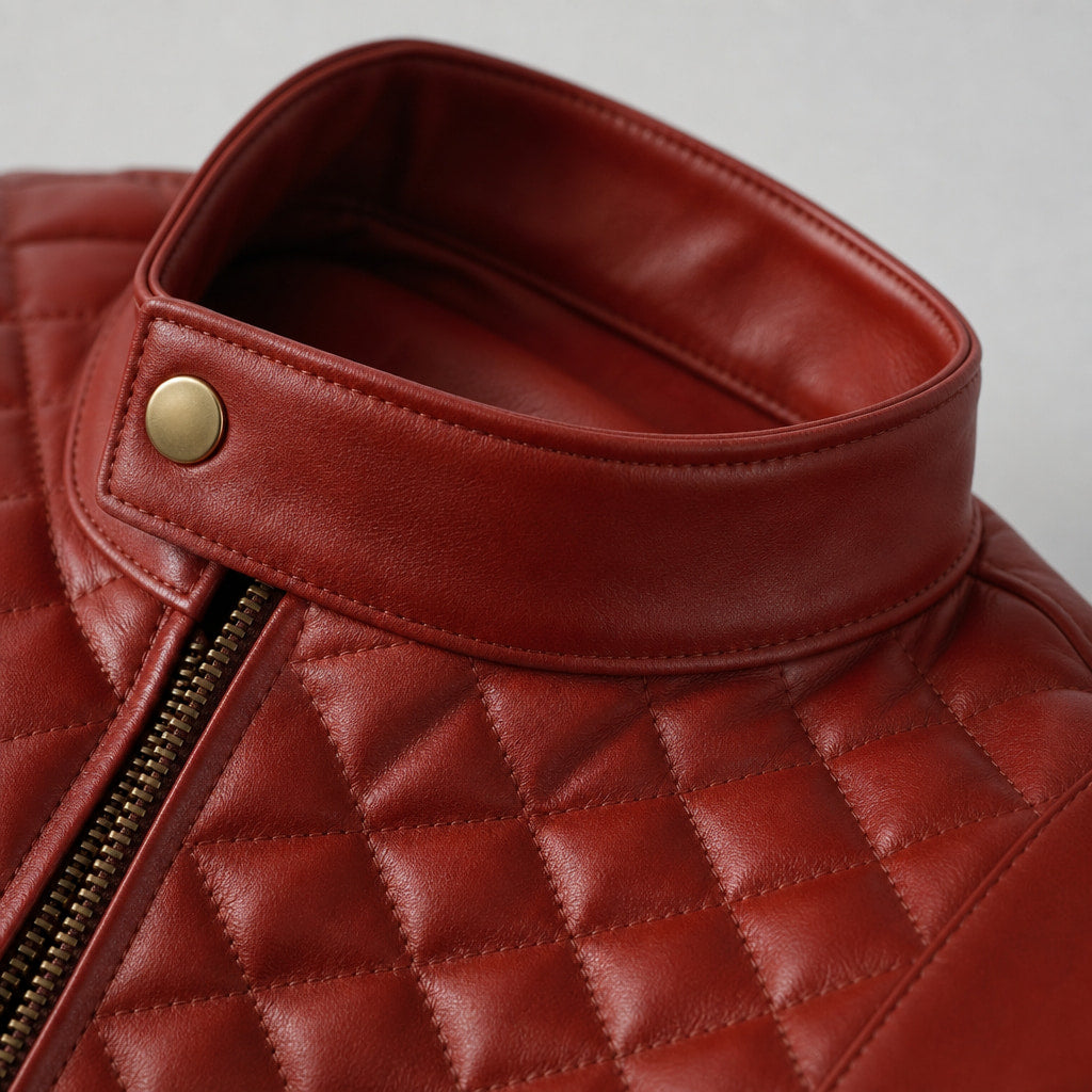 Warlord Deep Scarlet Red Quilted Leather Jacket For Men Red – Fabric and Detail Close-Up