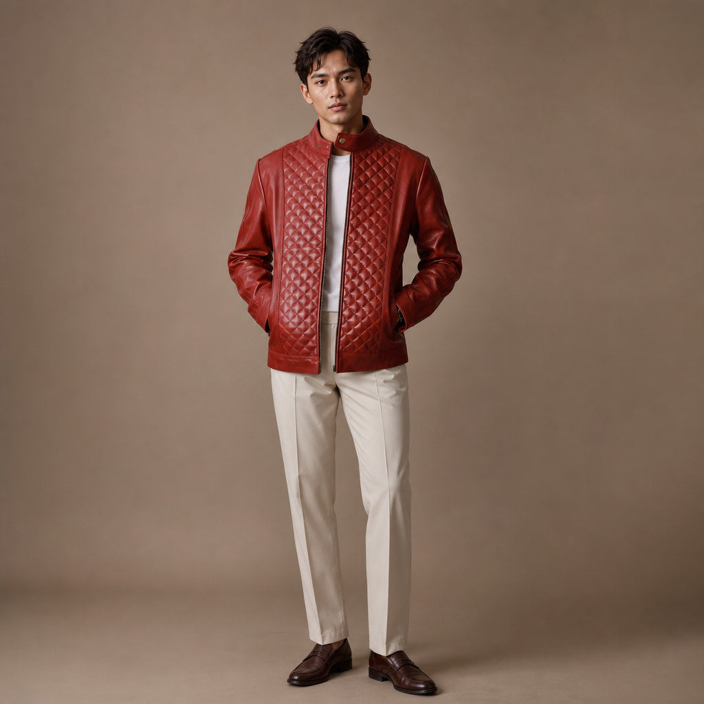 Warlord Deep Scarlet Red Quilted Leather Jacket For Men Red – Full Look