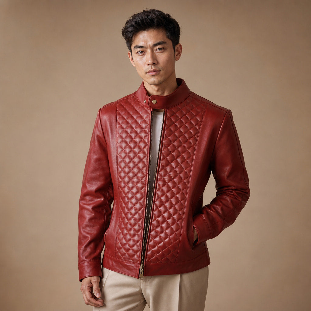 Warlord Deep Scarlet Red Quilted Leather Jacket For Men Red – Product Photo