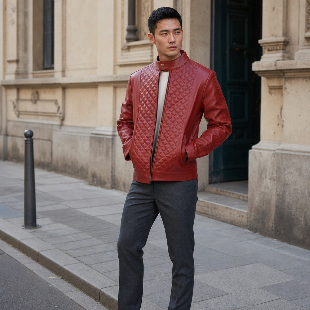 Warlord Deep Scarlet Red Quilted Leather Jacket For Men Red – Styled Editorial Shot