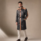 Warrior Black and Brown Leather Trench Style Coat For Men Black – Side Angle View