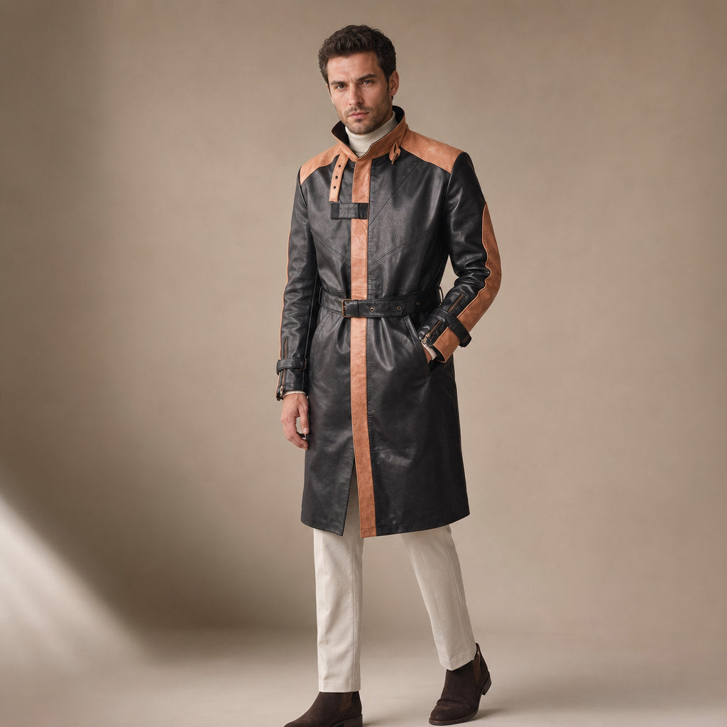 Warrior Black and Brown Leather Trench Style Coat For Men Black – Side Angle View