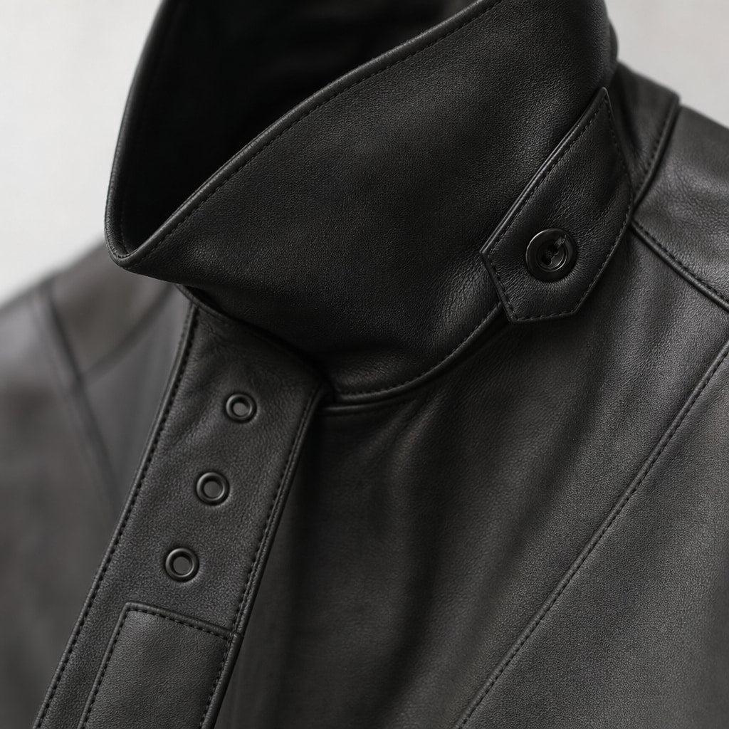 Warrior Black and Brown Leather Trench Style Coat For Men Black – Fabric and Detail Close-Up