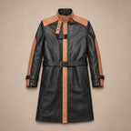Warrior Black and Brown Leather Trench Style Coat For Men Black – Flat Lay Product Photo