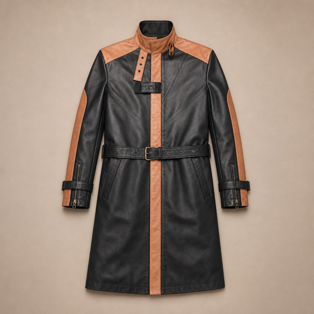 Warrior Black and Brown Leather Trench Style Coat For Men Black – Flat Lay Product Photo