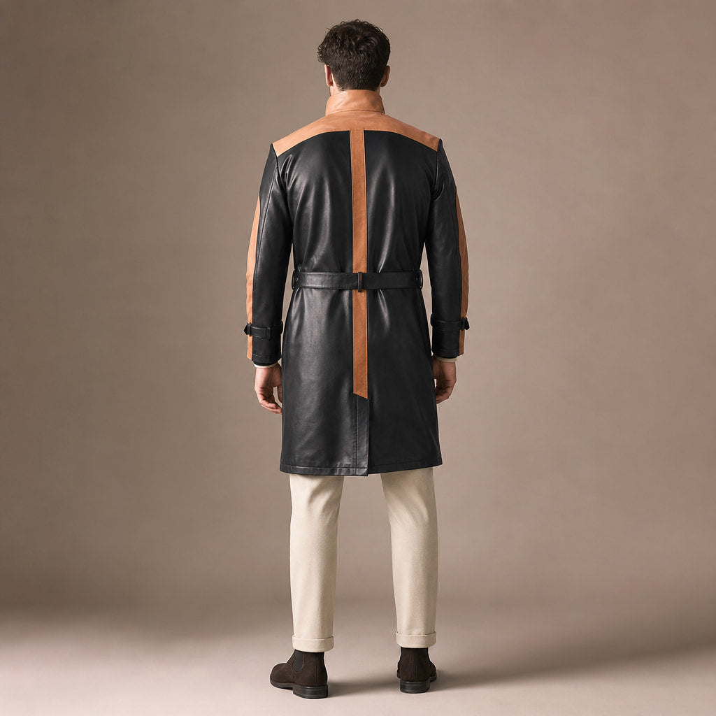 Warrior Black and Brown Leather Trench Style Coat For Men Black – Full Look