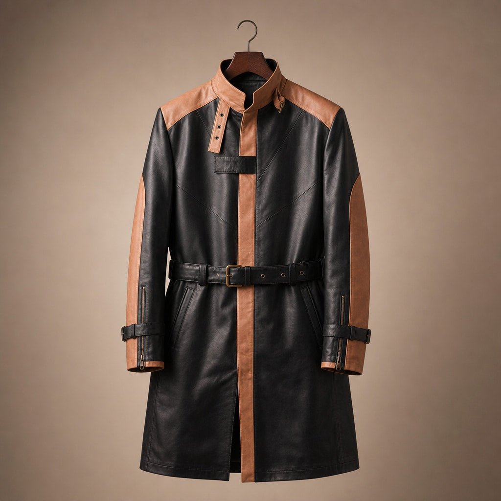 Warrior Black and Brown Leather Trench Style Coat For Men Black – Product Photo