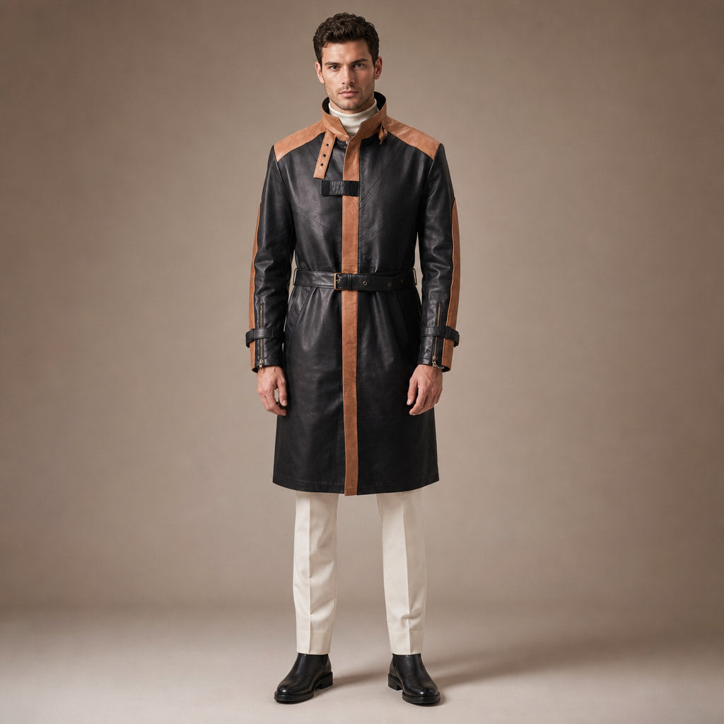 Warrior Black and Brown Leather Trench Style Coat For Men in Black – Tarlano Premium Menswear