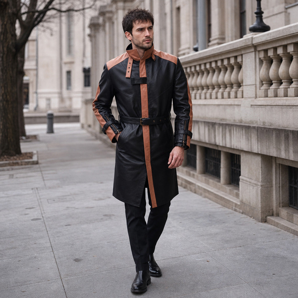 Warrior Black and Brown Leather Trench Style Coat For Men Black – Styled Editorial Shot