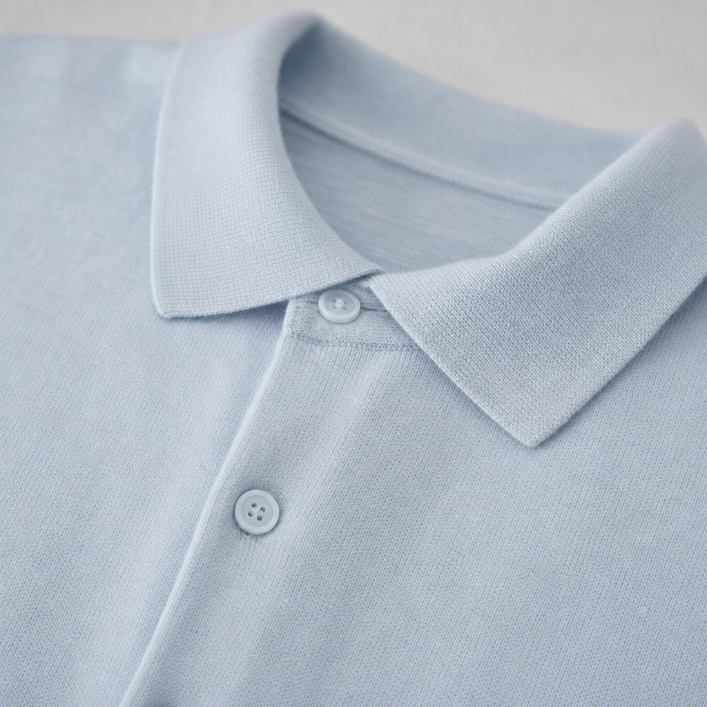 Wetherby Wool Polo Powder Blue – Fabric and Detail Close-Up