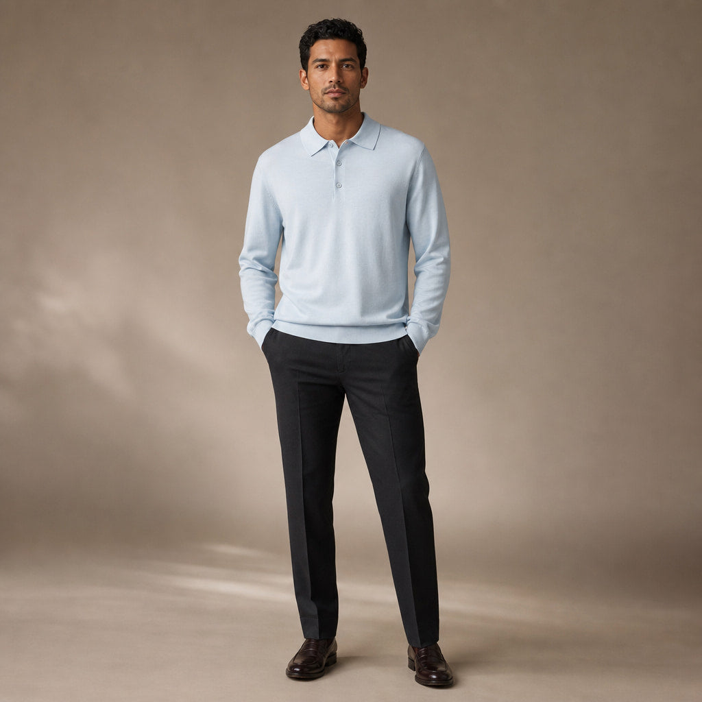 Wetherby Wool Polo Powder Blue – Full Look