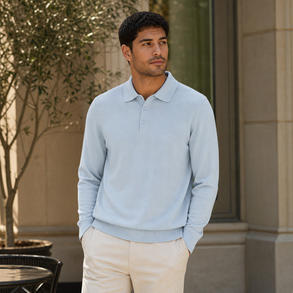 Wetherby Wool Polo Powder Blue – Styled Editorial Shot