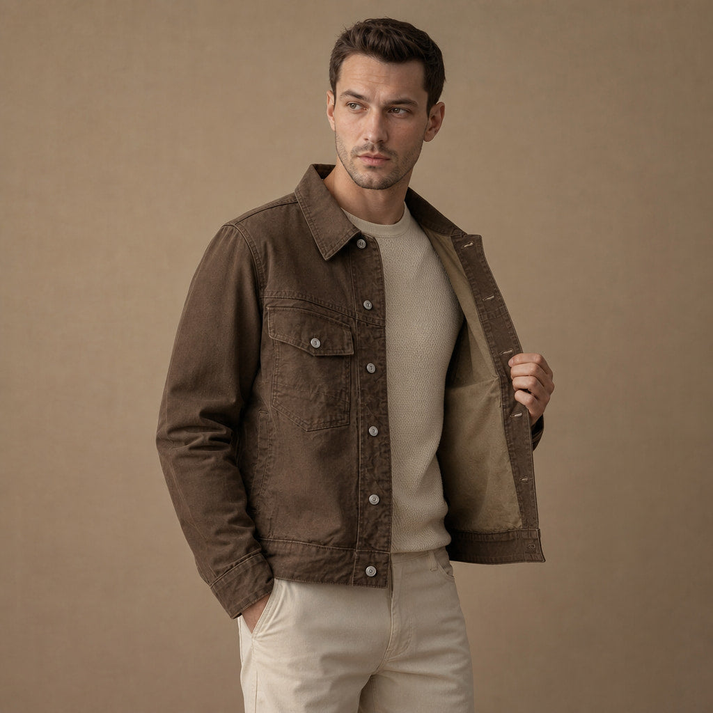 Whitby Trucker Jacket Dark Brown – Side Angle View