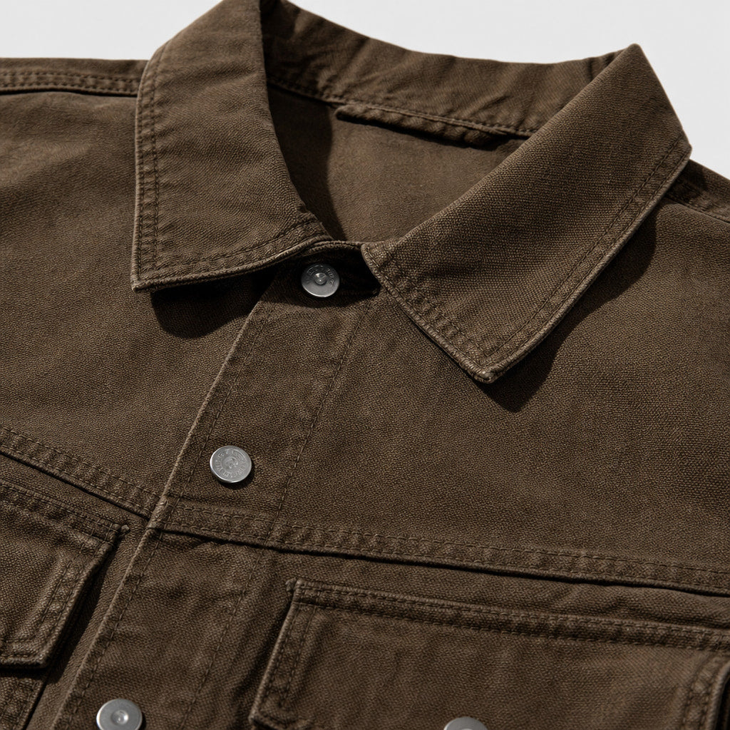 Whitby Trucker Jacket Dark Brown – Fabric and Detail Close-Up