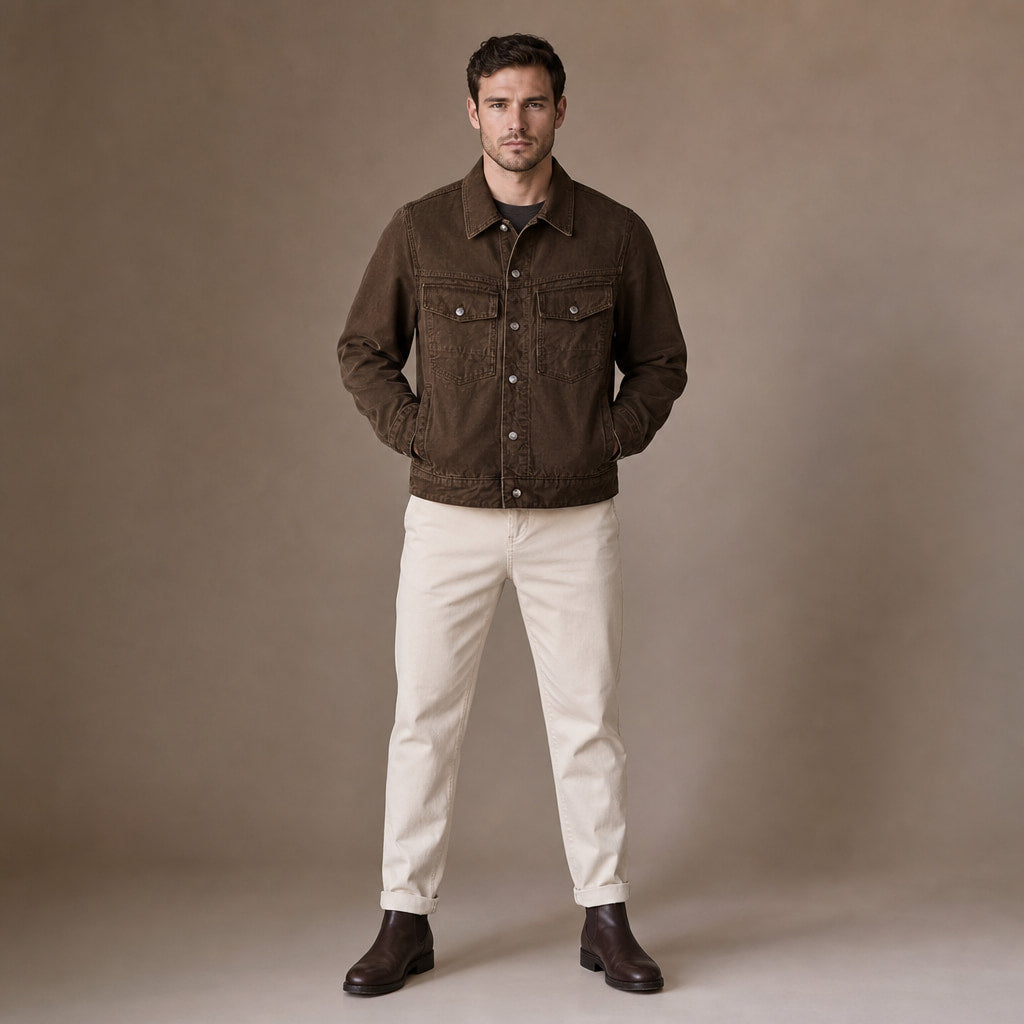 Whitby Trucker Jacket Dark Brown – Full Look