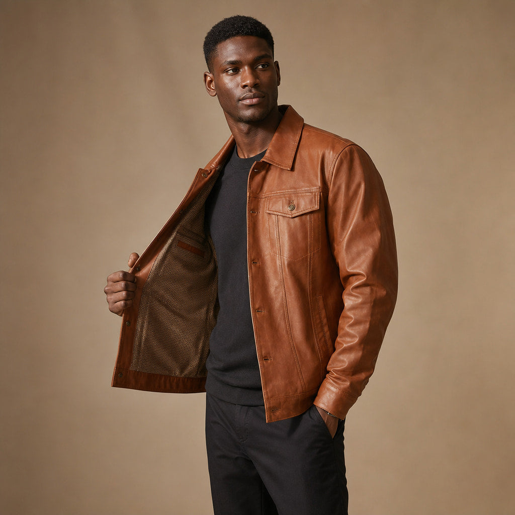 Wicked Sienna Brown Leather Trucker Jacket For Men Brown – Side Angle View
