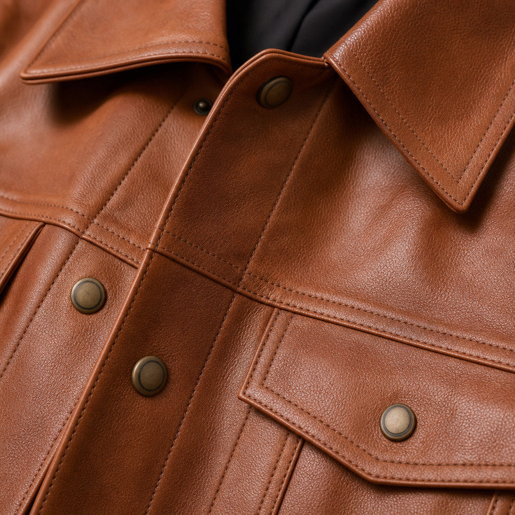 Wicked Sienna Brown Leather Trucker Jacket For Men Brown – Fabric and Detail Close-Up