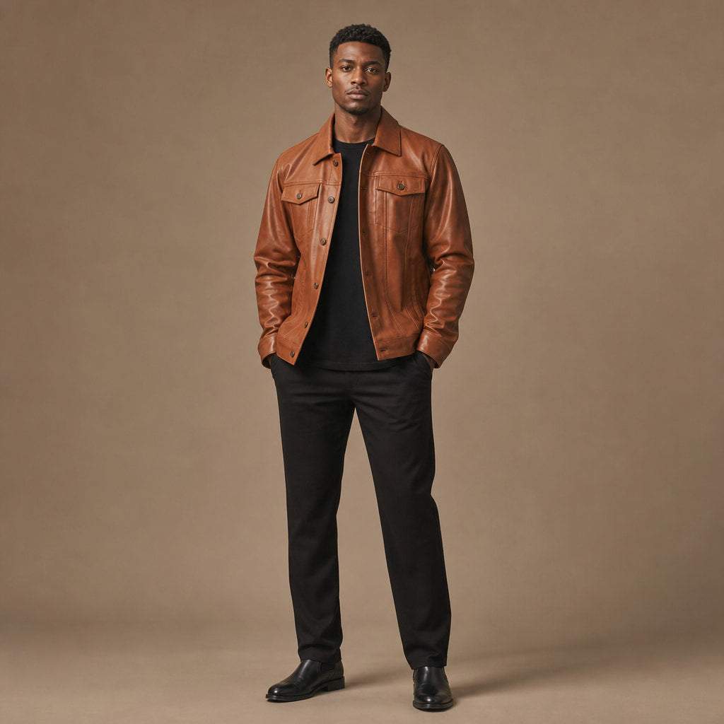 Wicked Sienna Brown Leather Trucker Jacket For Men Brown – Full Look